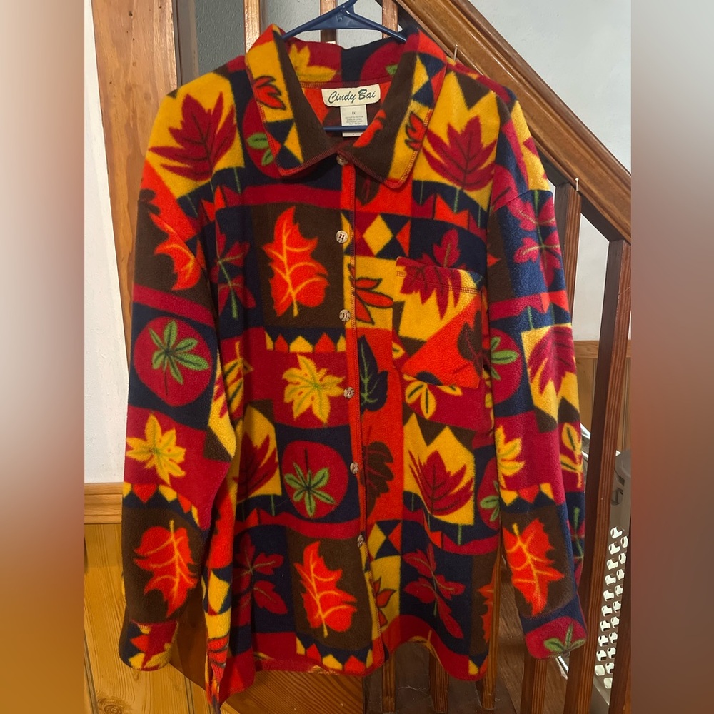 Vintage Multicolor Soft Fall Leaf Fleece Button Top Jacket, Women’s 1X unique